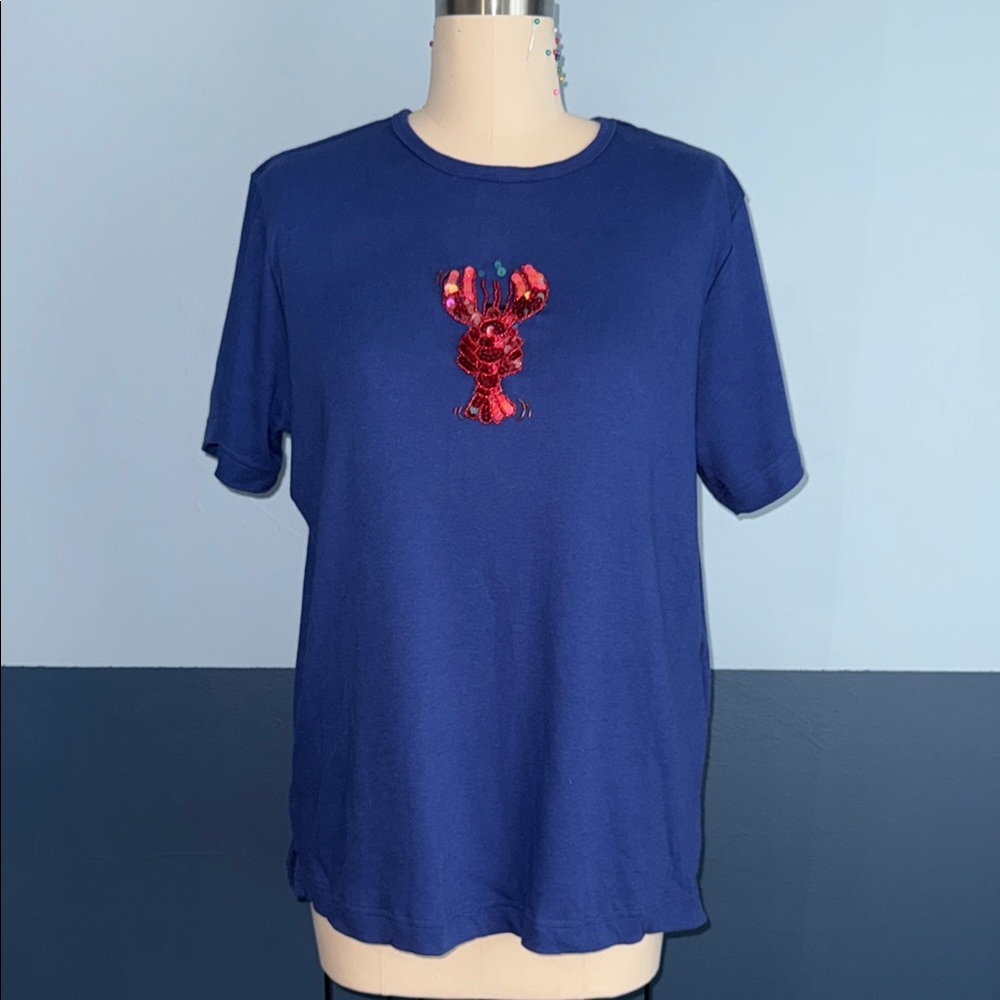 Vintage Blue Cotton T-Shirt with Red Lobster Design